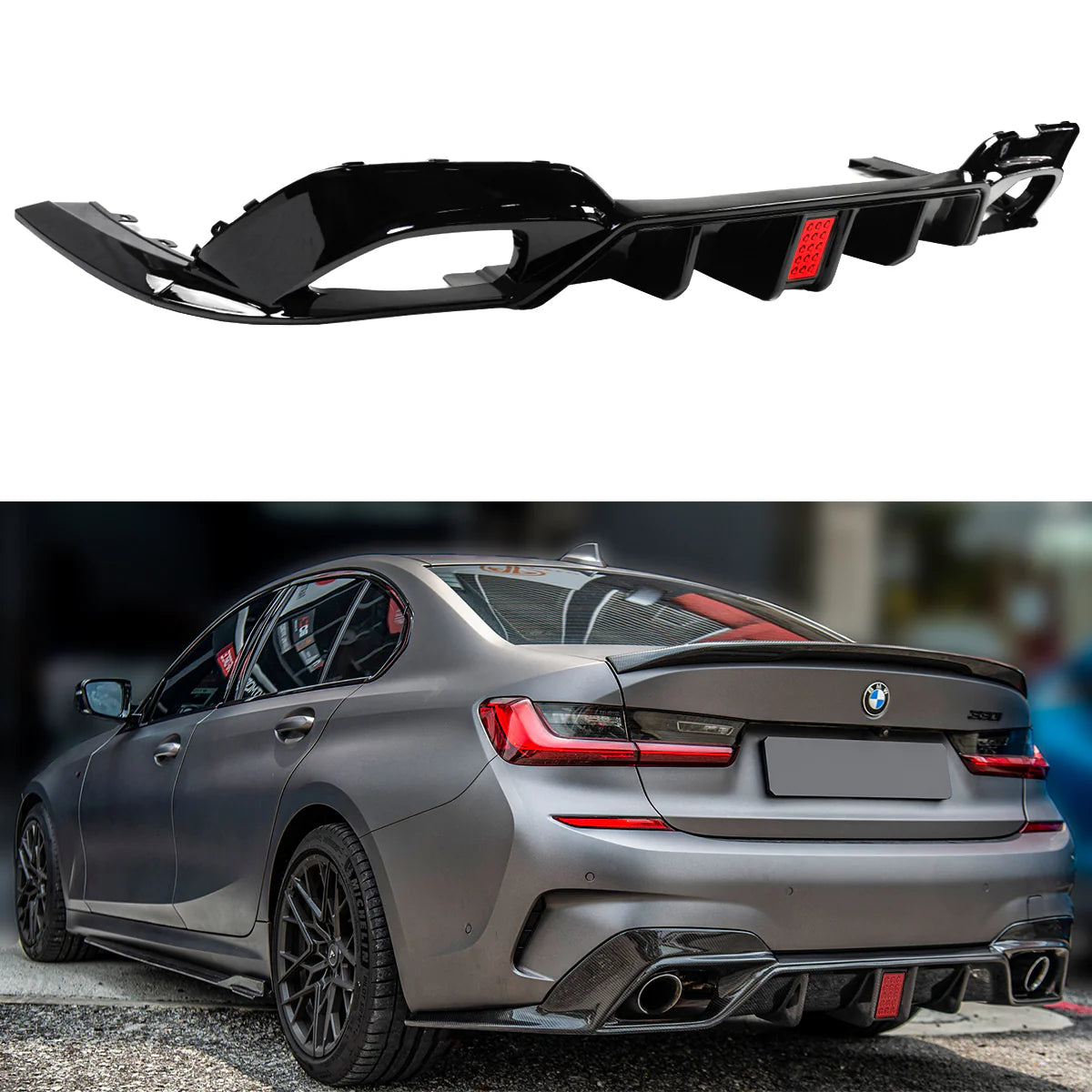 Gloss Black ABS M Tech Rear Diffuser with LED for BMW G20 (2019+)